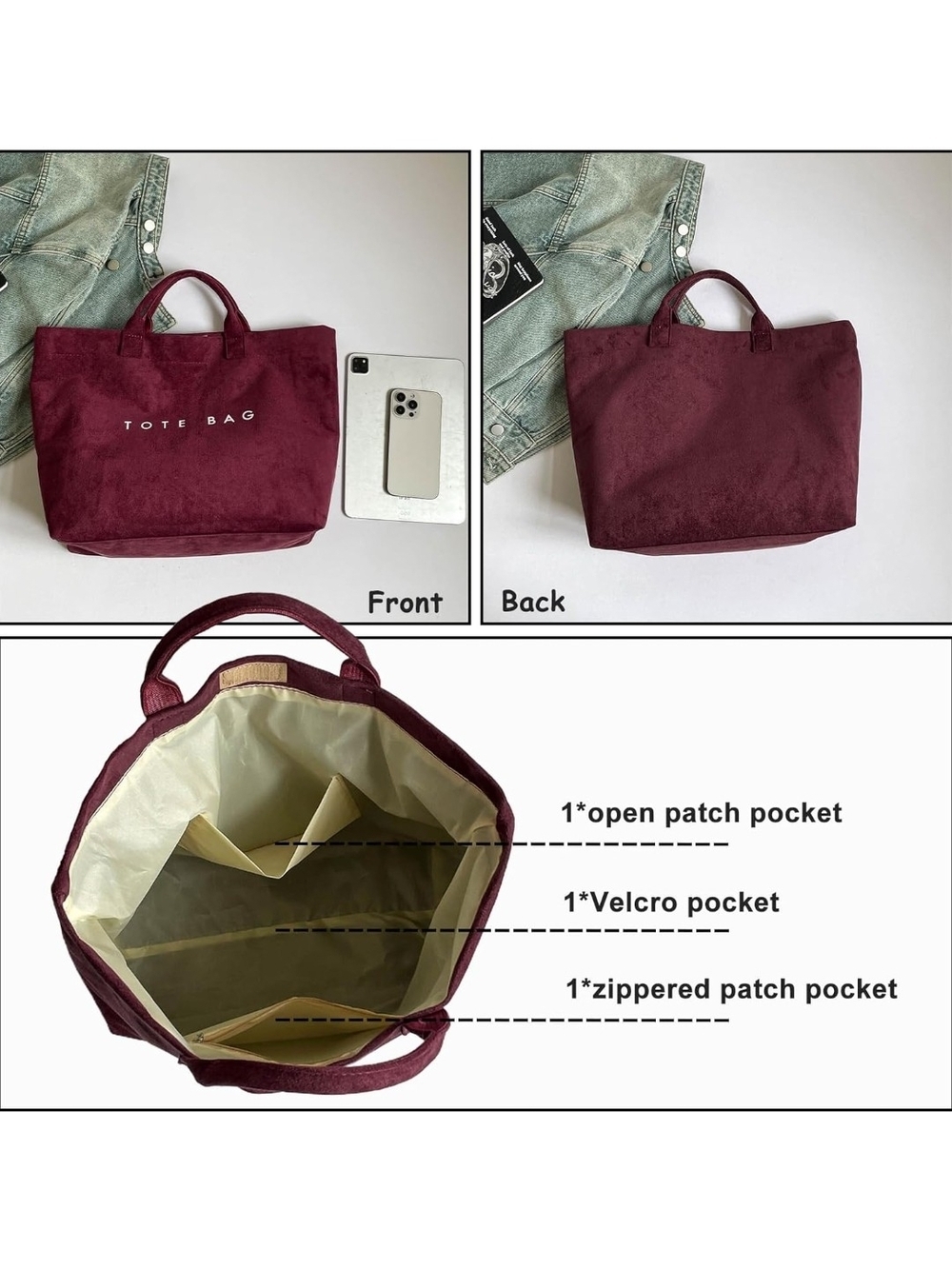 Burgundy Tote Bag - Everyday Suede Carryall - Picture 5 of 6